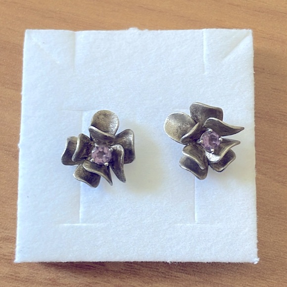 Sterling Silver Genuine Amethyst Flower Earrings - Picture 2 of 9